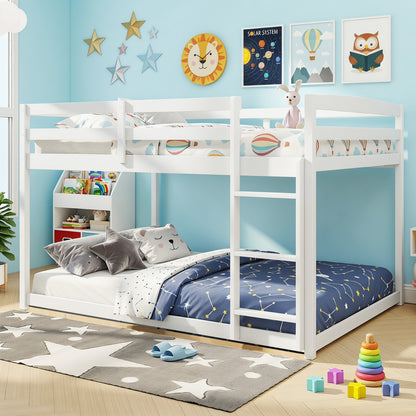 White full over full bunk bed with integrated ladder and safety guardrails, made of solid wood, from Wilsons Home Store.