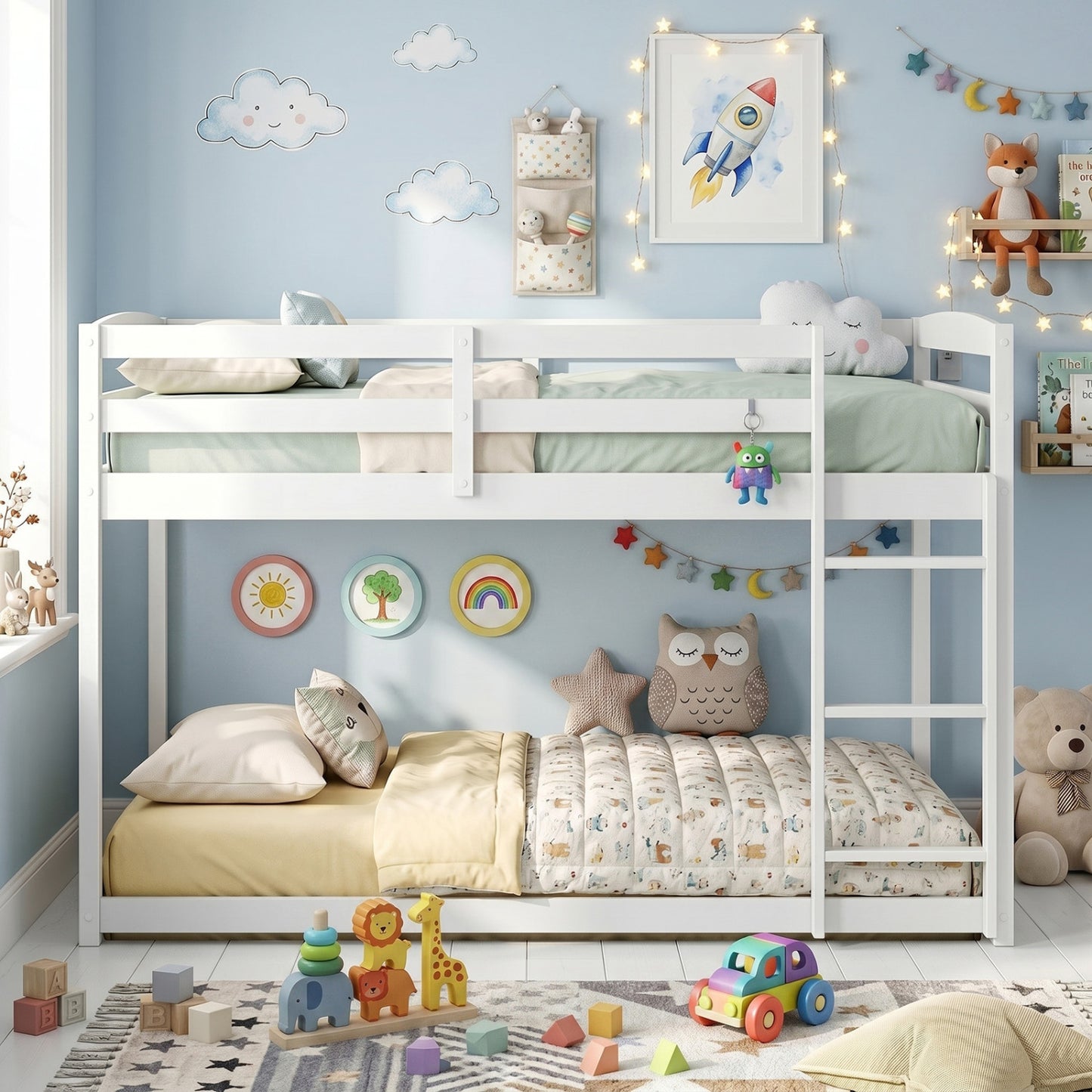 White full-over-full bunk bed with integrated ladder and safety guardrails, made of solid wood, designed for bedroom furniture.