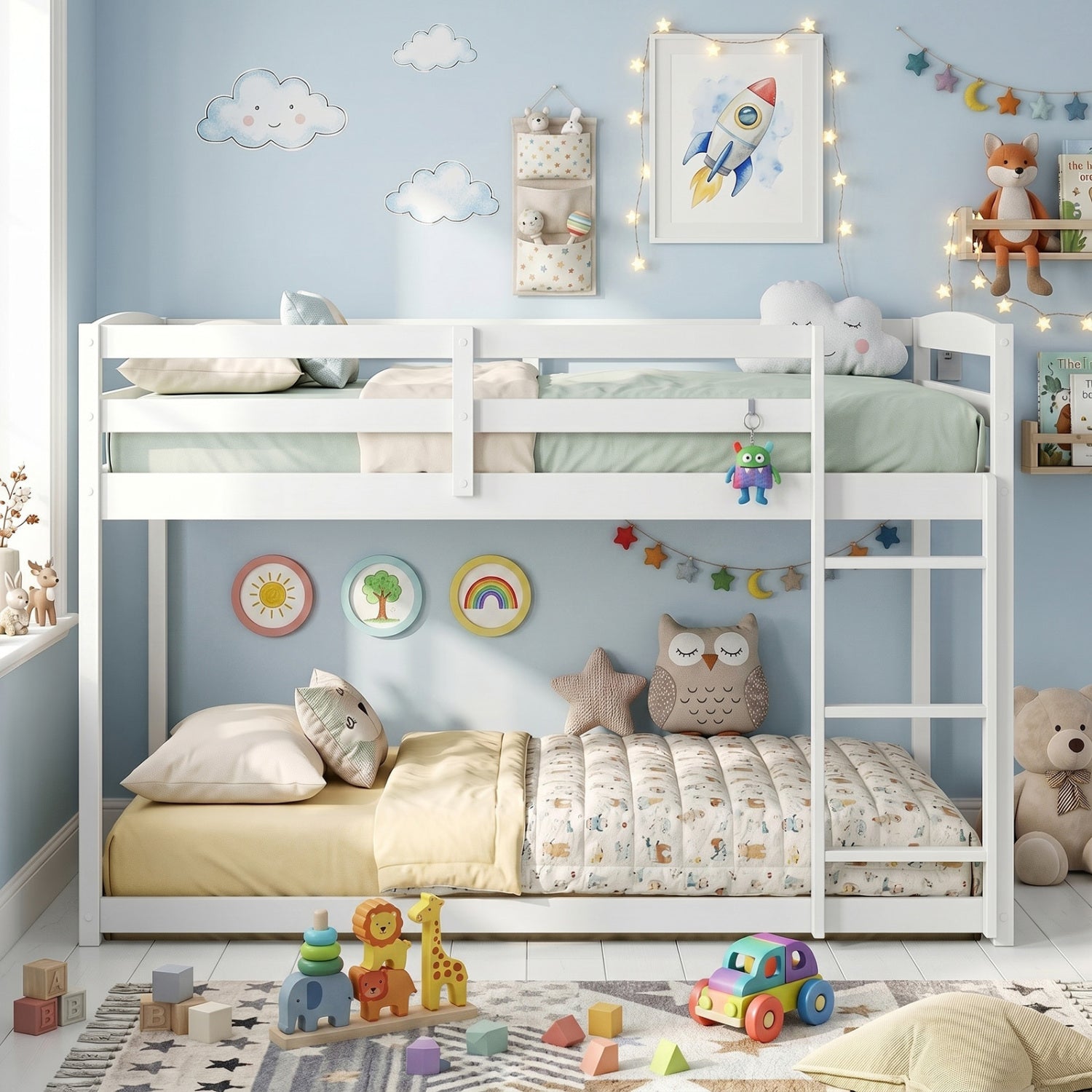 White full-over-full bunk bed with integrated ladder and safety guardrails, made of solid wood, designed for bedroom furniture.
