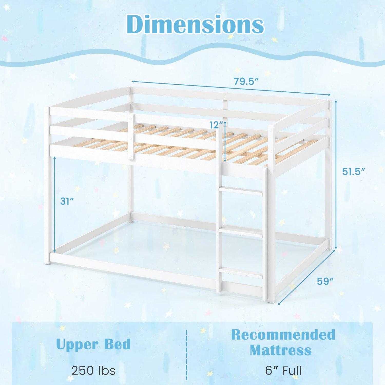White full over full bunk bed with built-in ladder and safety guardrails, made of solid wood, perfect for bedroom furniture.