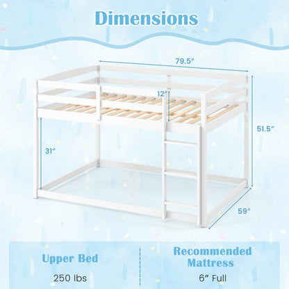 White full over full bunk bed with built-in ladder and safety guardrails, made of solid wood, perfect for bedroom furniture.
