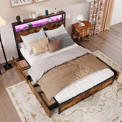 Full/Queen Size LED Bed Frame with Charging Station and 4 Storage Drawers-Queen