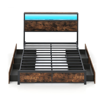 Full/Queen Size LED Bed Frame with Charging Station and 4 Storage Drawers-Queen