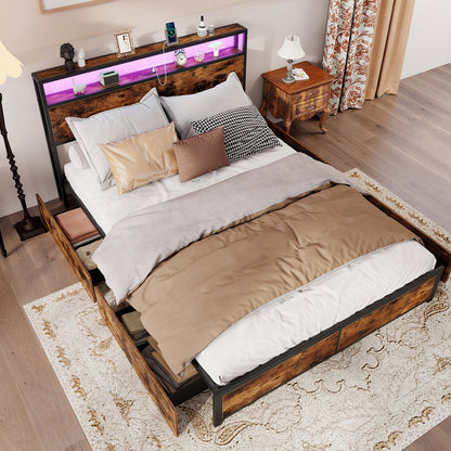 Full/Queen Size LED Bed Frame with Charging Station and 4 Storage Drawers-Queen