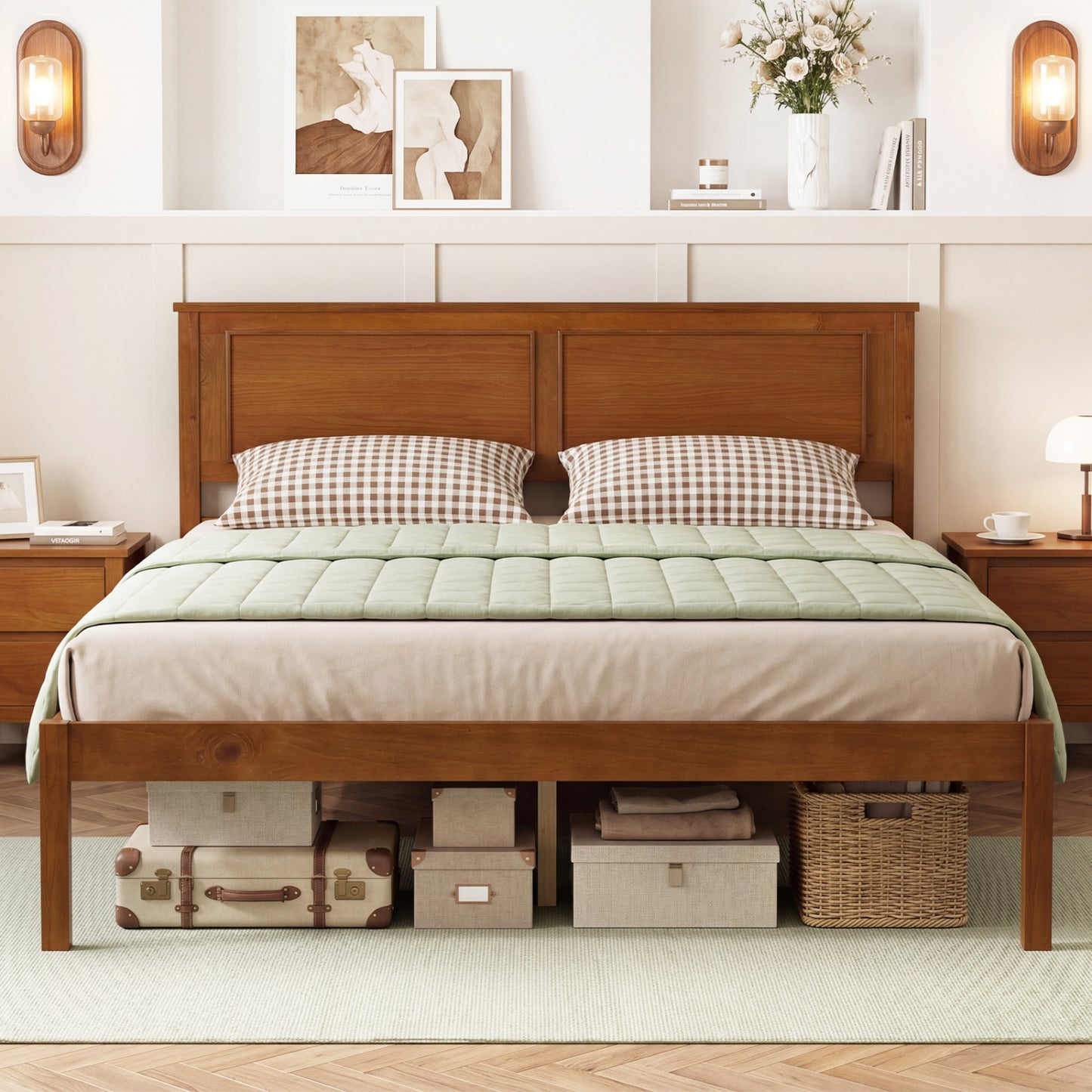Full/Queen/Twin Size Bed Frame Farmhouse Wooden Platform Bed with Headboard-Full Size