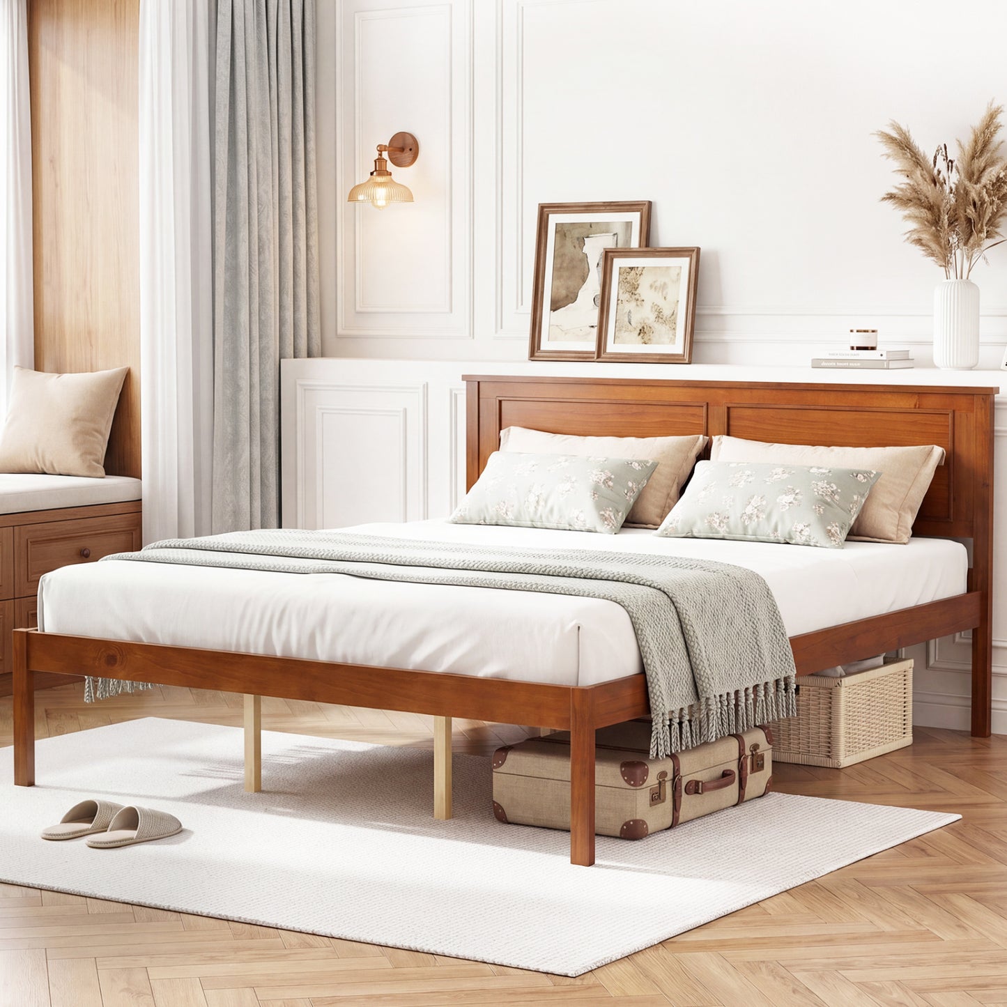 Full/Queen/Twin Size Bed Frame Farmhouse Wooden Platform Bed with Headboard-Full Size