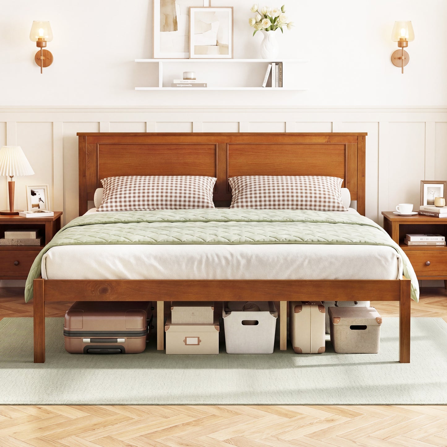 Full/Queen/Twin Size Bed Frame Farmhouse Wooden Platform Bed with Headboard-Full Size