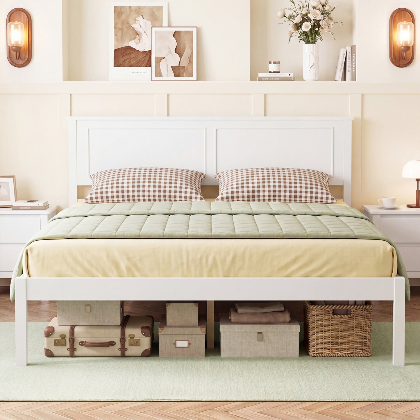 Full/Queen/Twin Size Bed Frame Farmhouse Wooden Platform Bed with Headboard White-Full Size