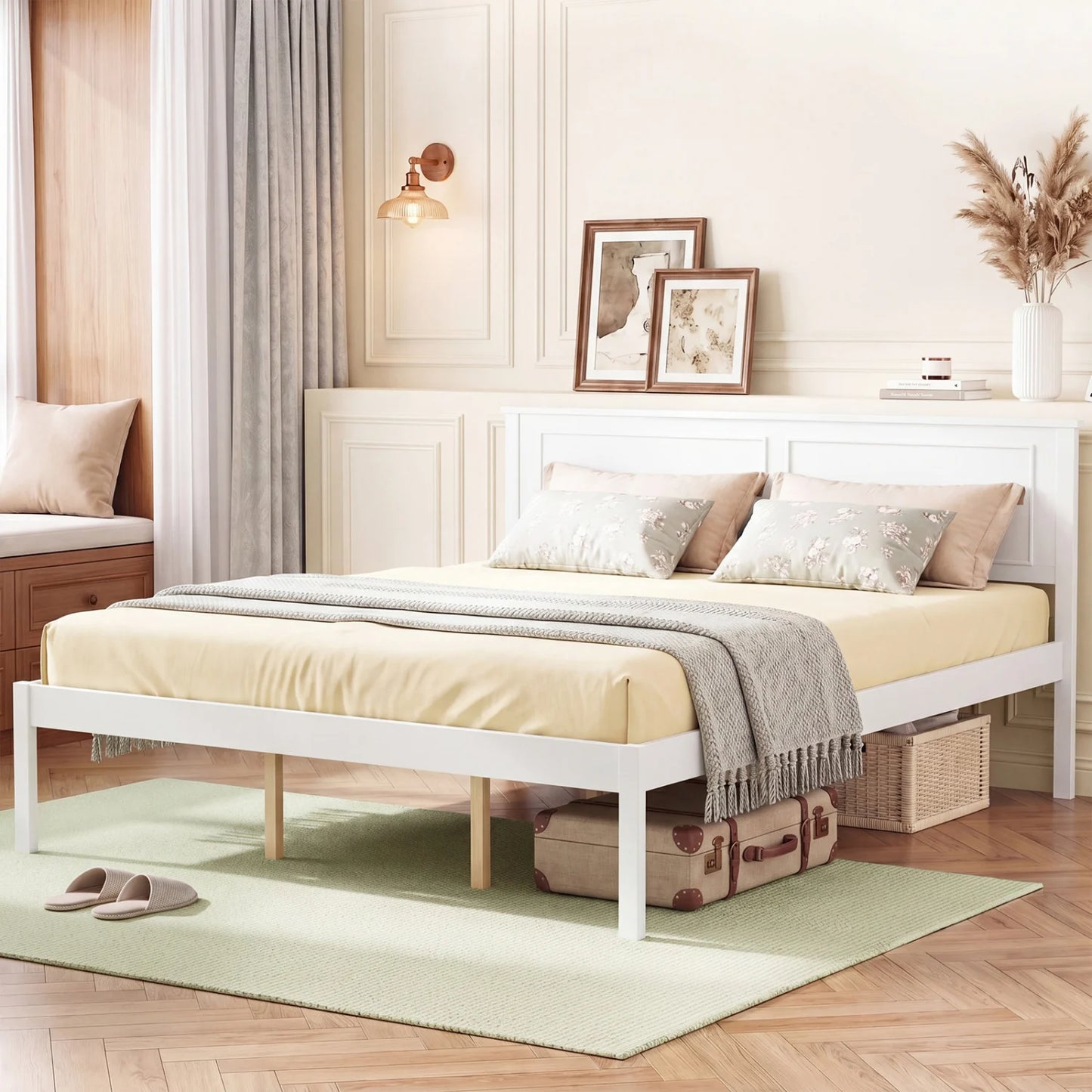 Full/Queen/Twin Size Bed Frame Farmhouse Wooden Platform Bed with Headboard White-Full Size