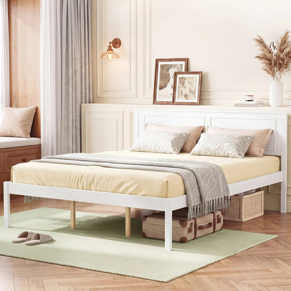 Full/Queen/Twin Size Bed Frame Farmhouse Wooden Platform Bed with Headboard White-Full Size