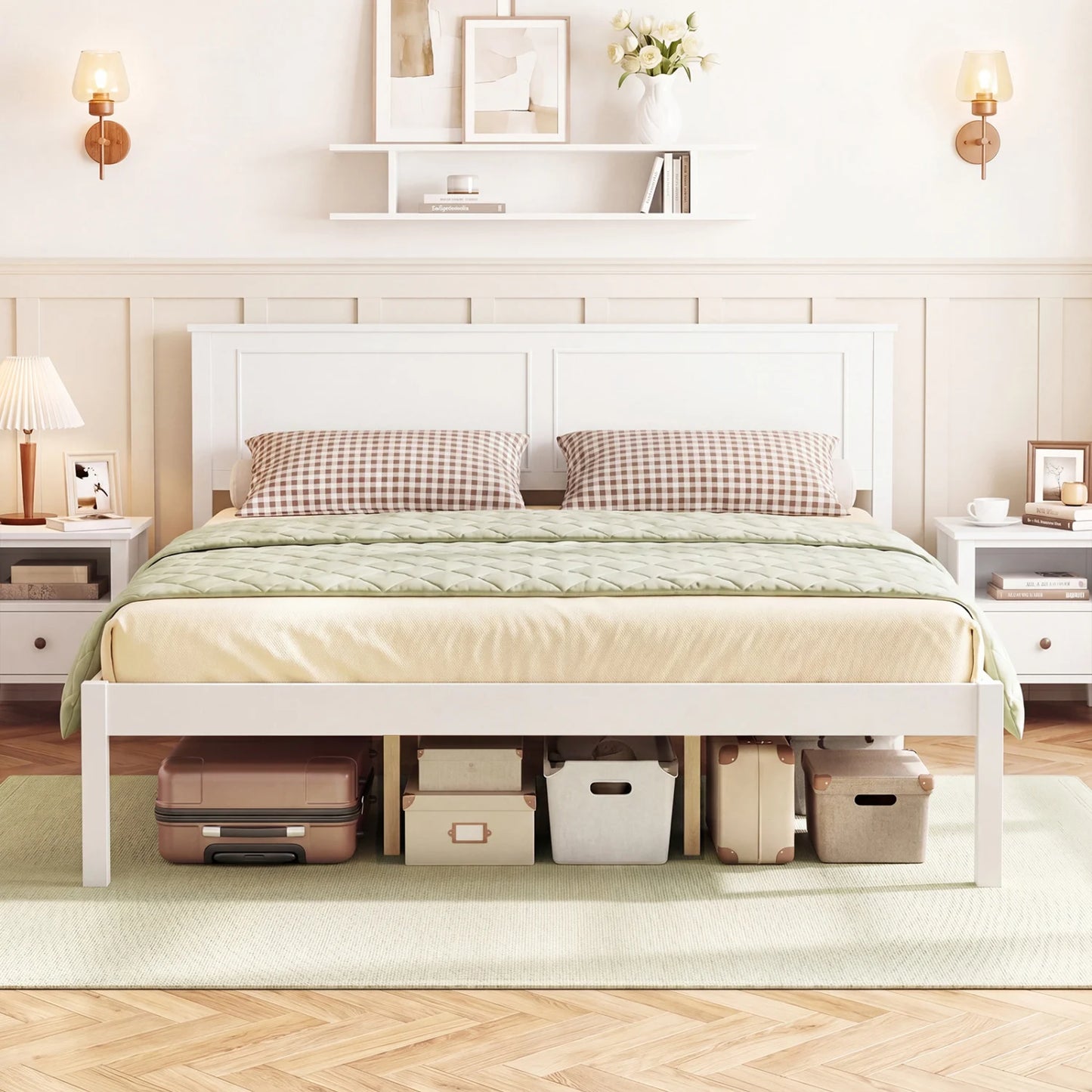 Full/Queen/Twin Size Bed Frame Farmhouse Wooden Platform Bed with Headboard White-Full Size