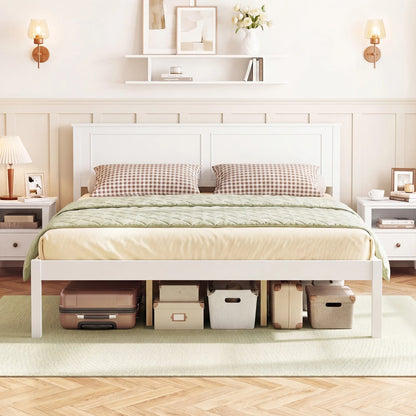 Full/Queen/Twin Size Bed Frame Farmhouse Wooden Platform Bed with Headboard White-Full Size