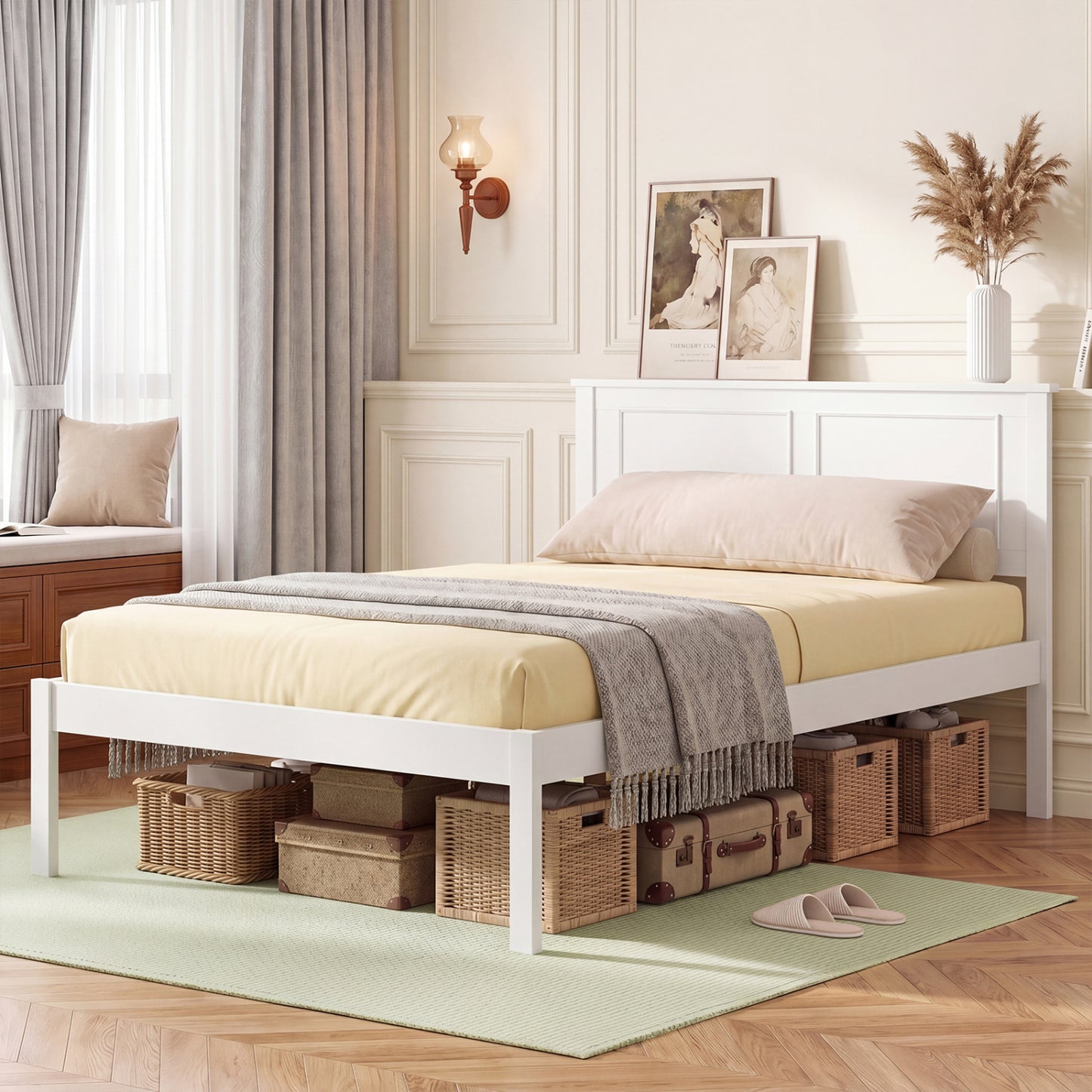 Full/Queen/Twin Size Bed Frame Farmhouse Wooden Platform Bed with Headboard White-Full Size