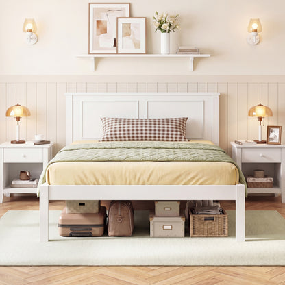 Full/Queen/Twin Size Bed Frame Farmhouse Wooden Platform Bed with Headboard White-Full Size