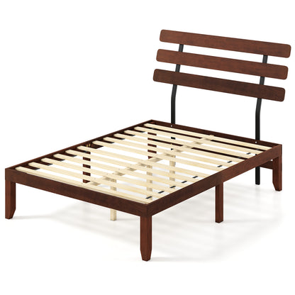 Full Size Bed Frame 15.5 Inch Solid Wood Platform Bed with Retro Headboard