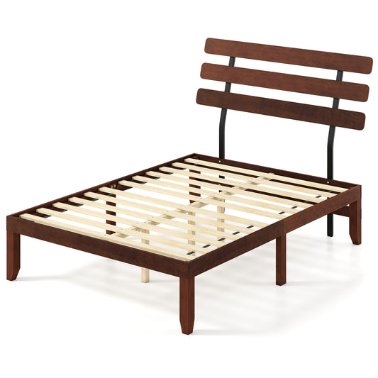 Full Size Bed Frame 15.5 Inch Solid Wood Platform Bed with Retro Headboard