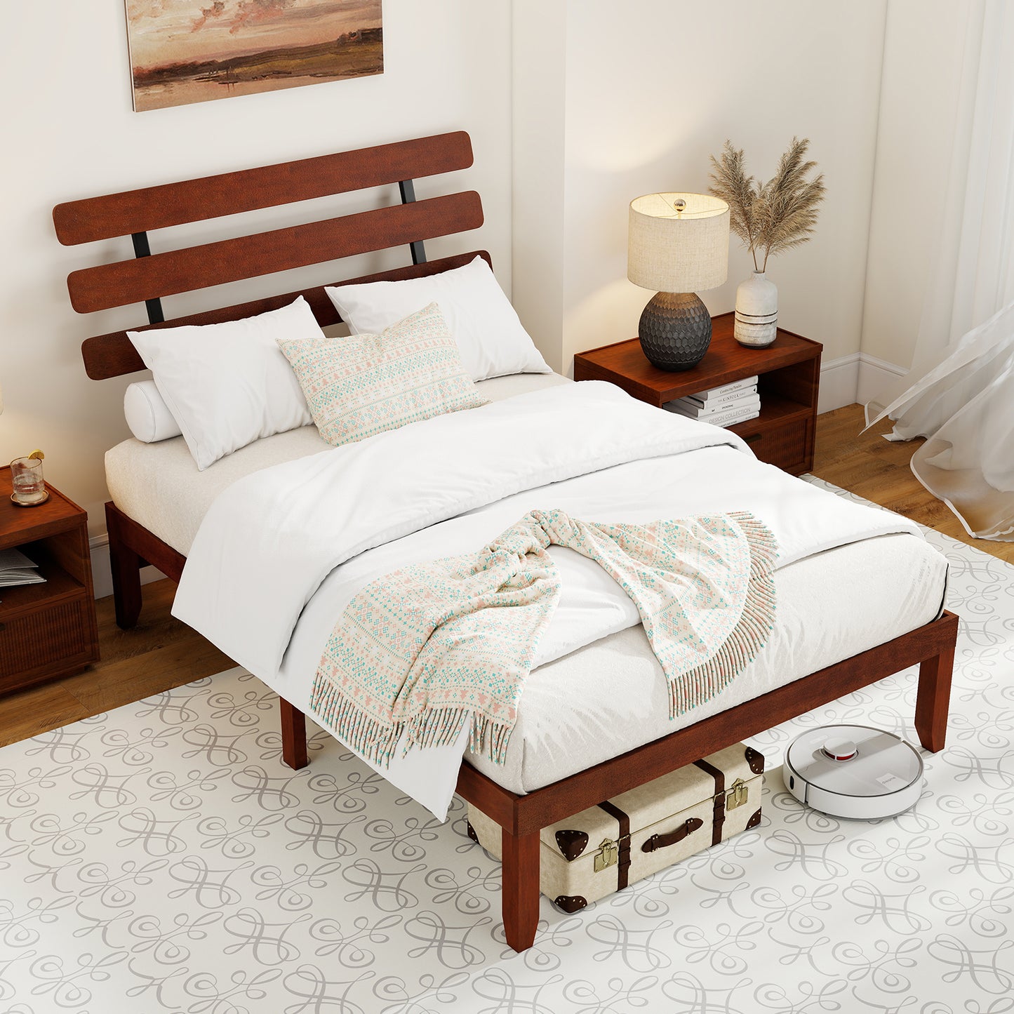 Full Size Bed Frame 15.5 Inch Solid Wood Platform Bed with Retro Headboard