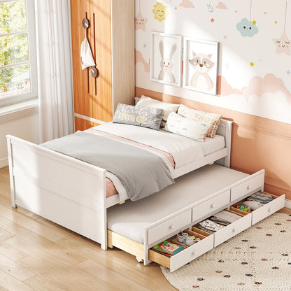 Full Size Bed Frame with Twin Trundle and 3 Storage Drawers for Teens Adults-White