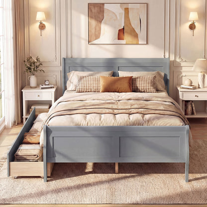 Full Size Bed Frame with 2 Storage Drawers and Footboard for Kids Teens Adults-Gray