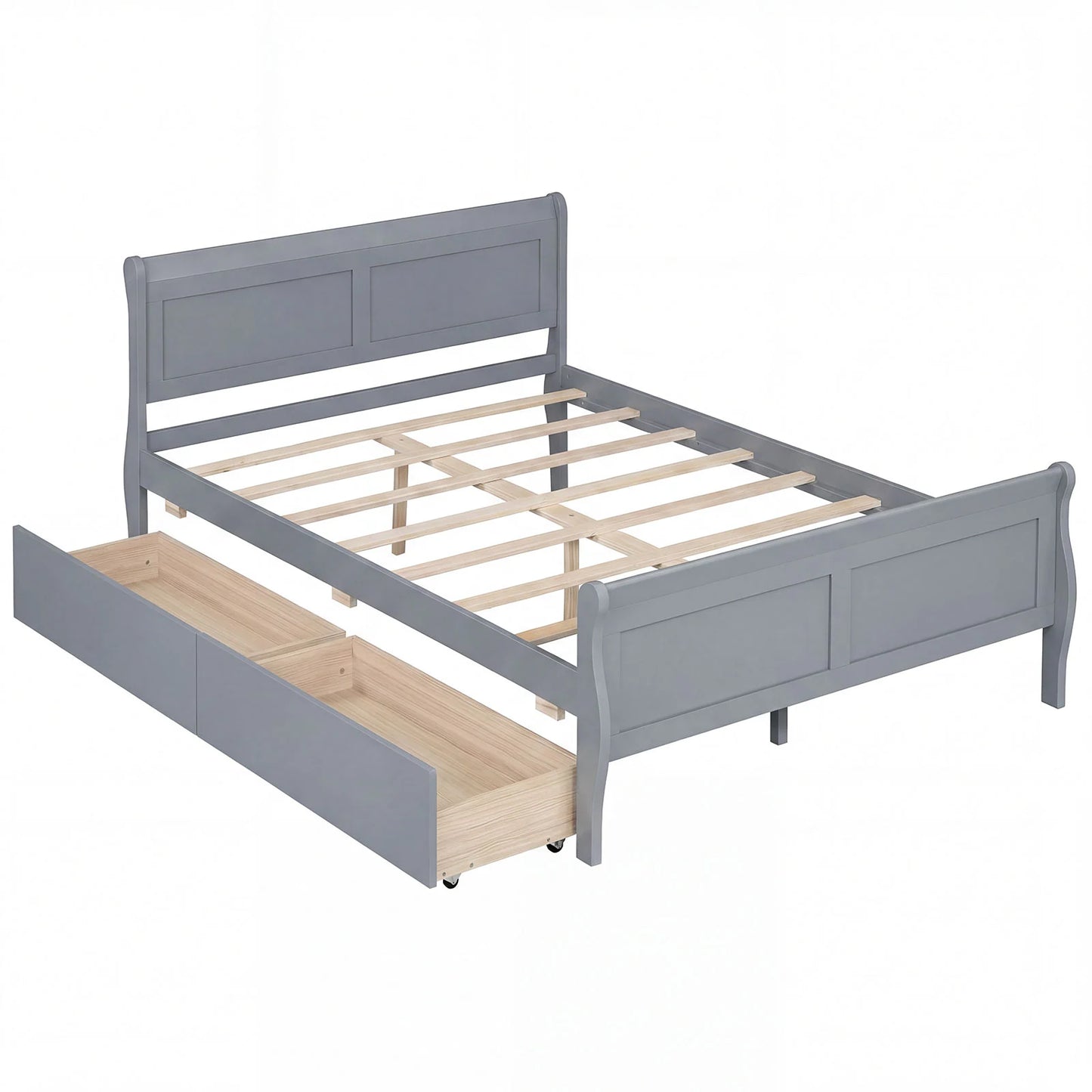 Full Size Bed Frame with 2 Storage Drawers and Footboard for Kids Teens Adults-Gray