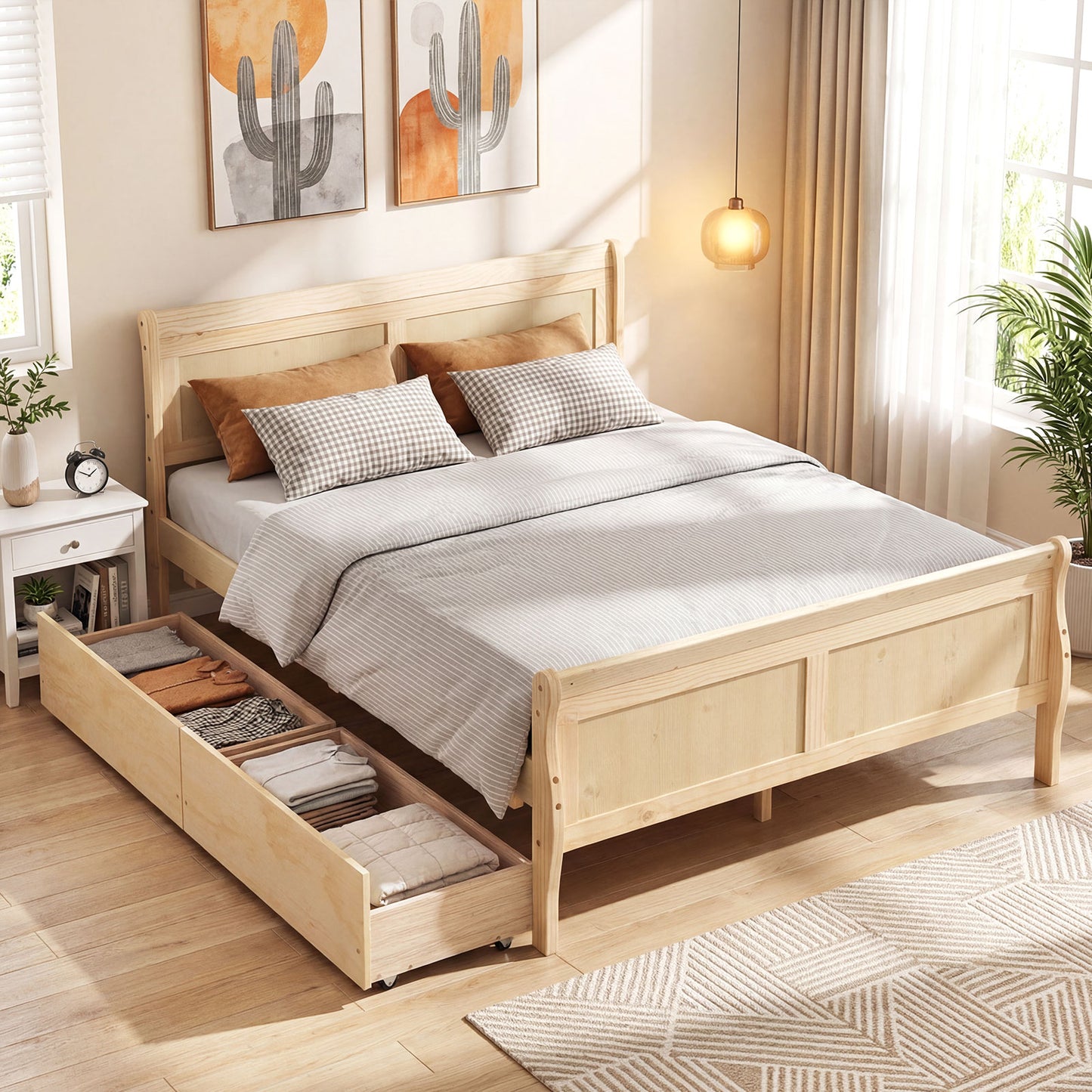 Full Size Bed Frame with 2 Storage Drawers and Footboard for Kids Teens Adults-Gray