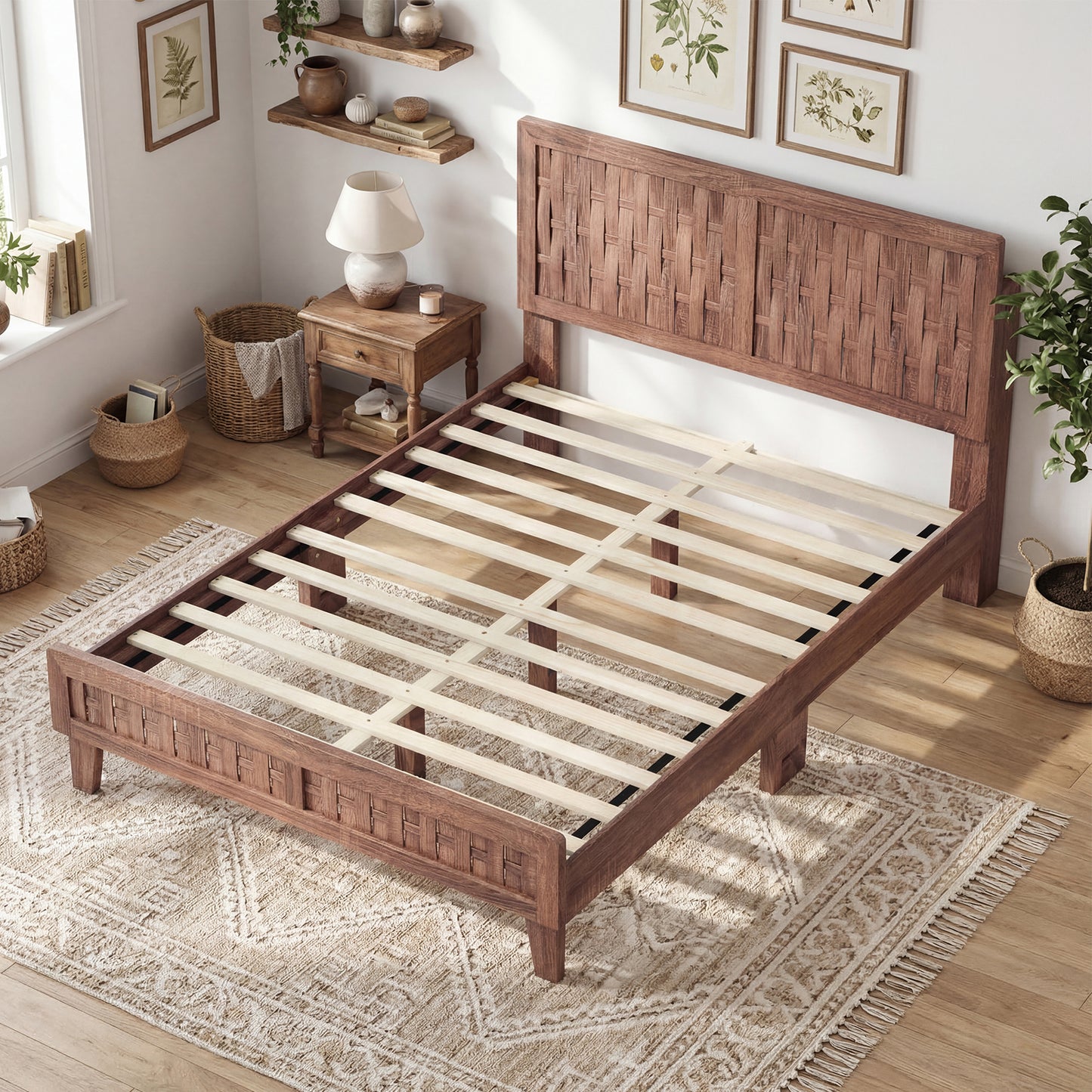 Full Size Bed Frame Mid Century with Woven Accent Headboard