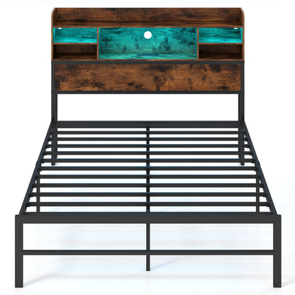 Full Size Bed Frame with Headboard LED Lights and Charging Station-Rustic Brown