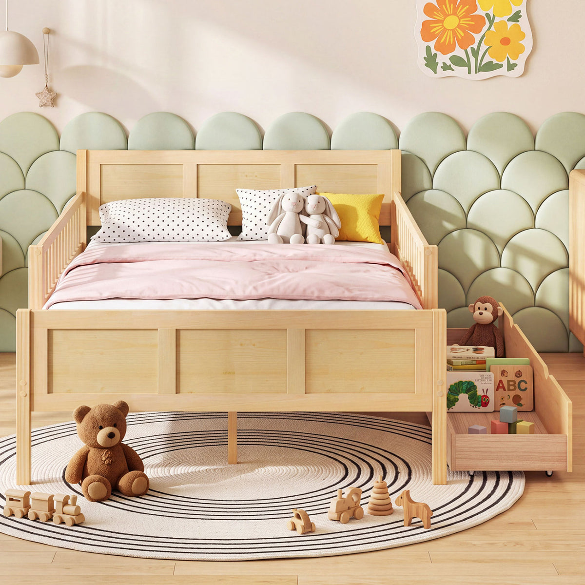 Full Size Bed Frame with Storage Drawers Natural