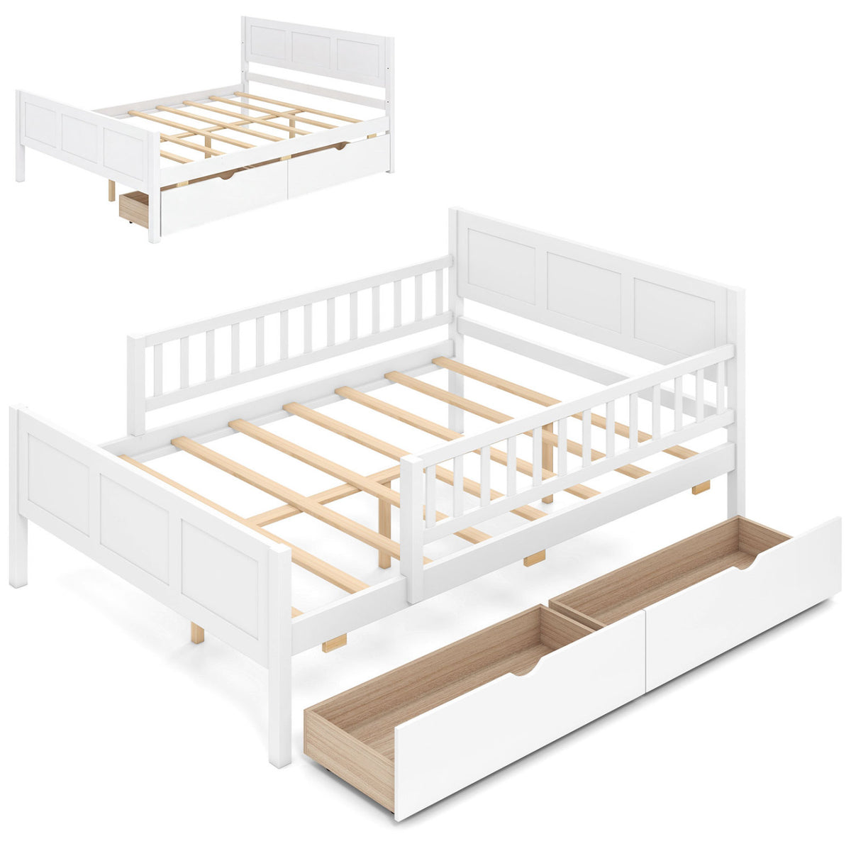 White full size bed frame with detachable guardrails and trundle bed design from Wilsons Home Store, showcasing sturdy bedroom furniture.