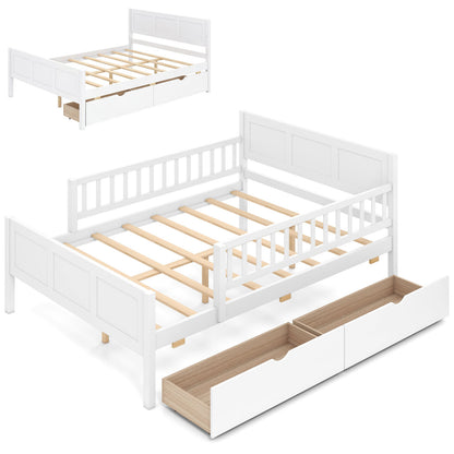 White full size bed frame with detachable guardrails and trundle bed design from Wilsons Home Store, showcasing sturdy bedroom furniture.