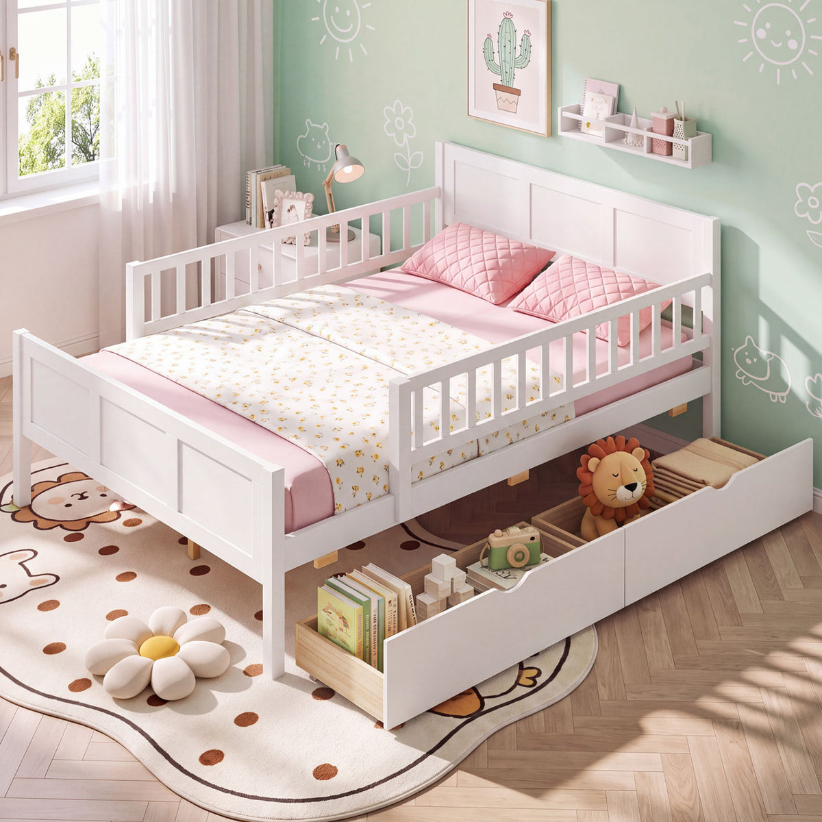 White full-size bed frame with detachable guardrails, made of sturdy wood, perfect for bedroom with a classic design.