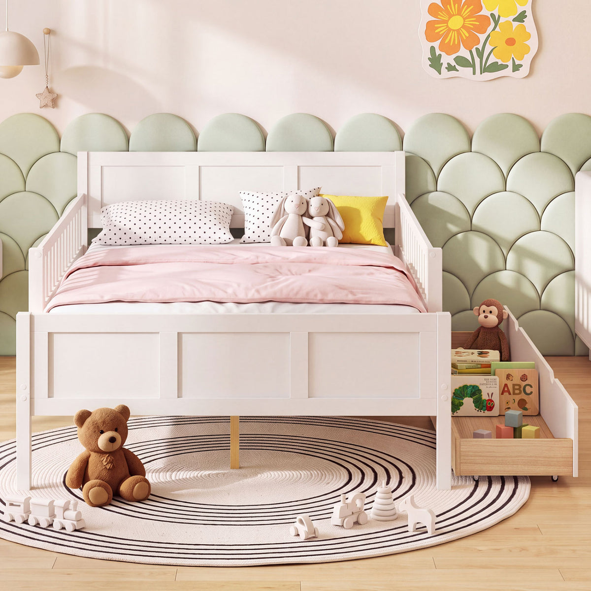 White full size bed frame with detachable guardrails, designed for bedroom use, shown with a sturdy metal structure and clean finish.