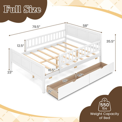 White full size bed frame with detachable guardrails, sturdy trundle bed frame from Wilsons Home Store.