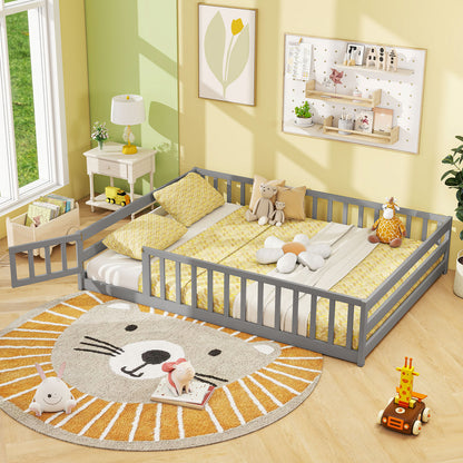 Full Size Floor Bed with Full Length Safety Guardrails-Dark Green