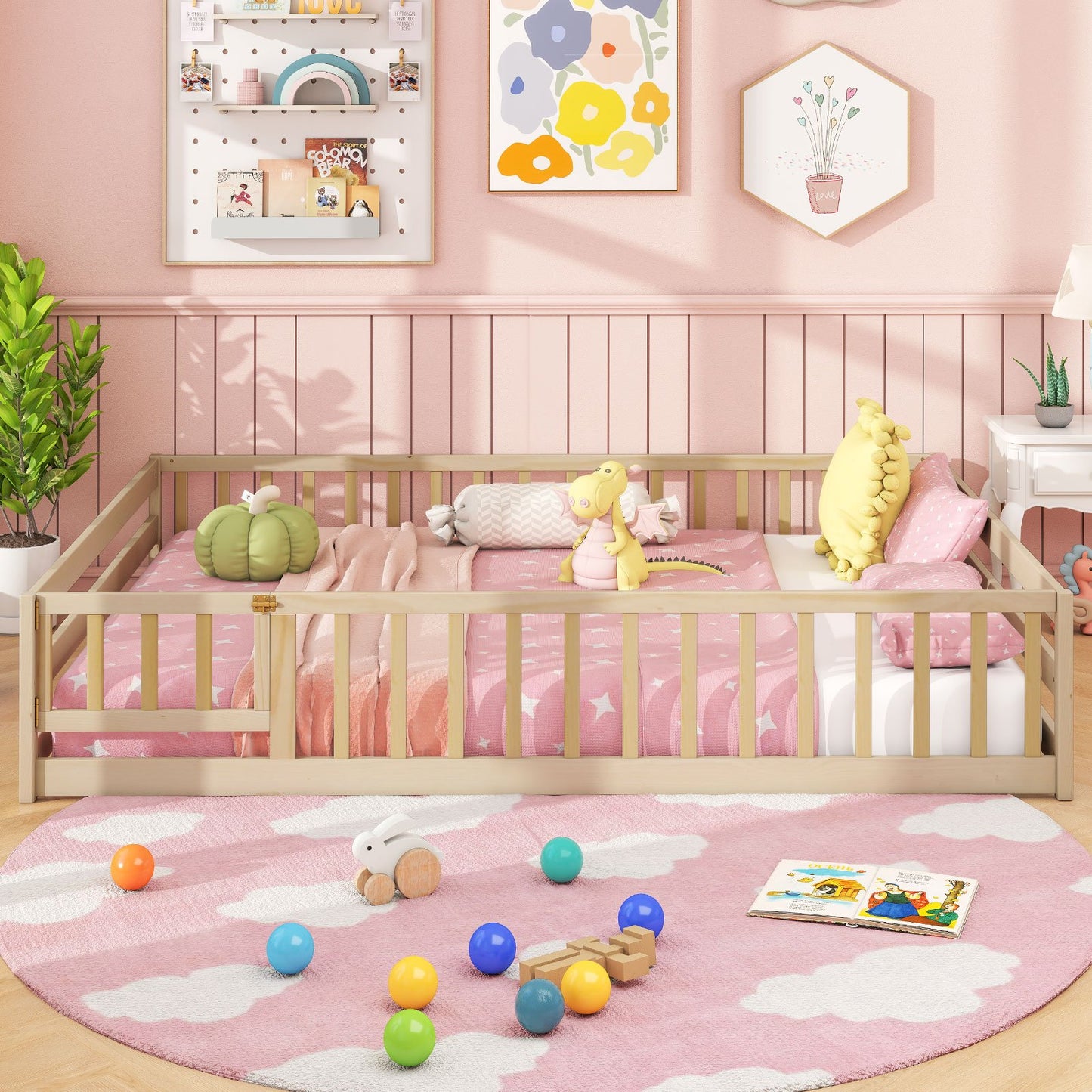 Full Size Floor Bed with Full Length Safety Guardrails-Dark Green