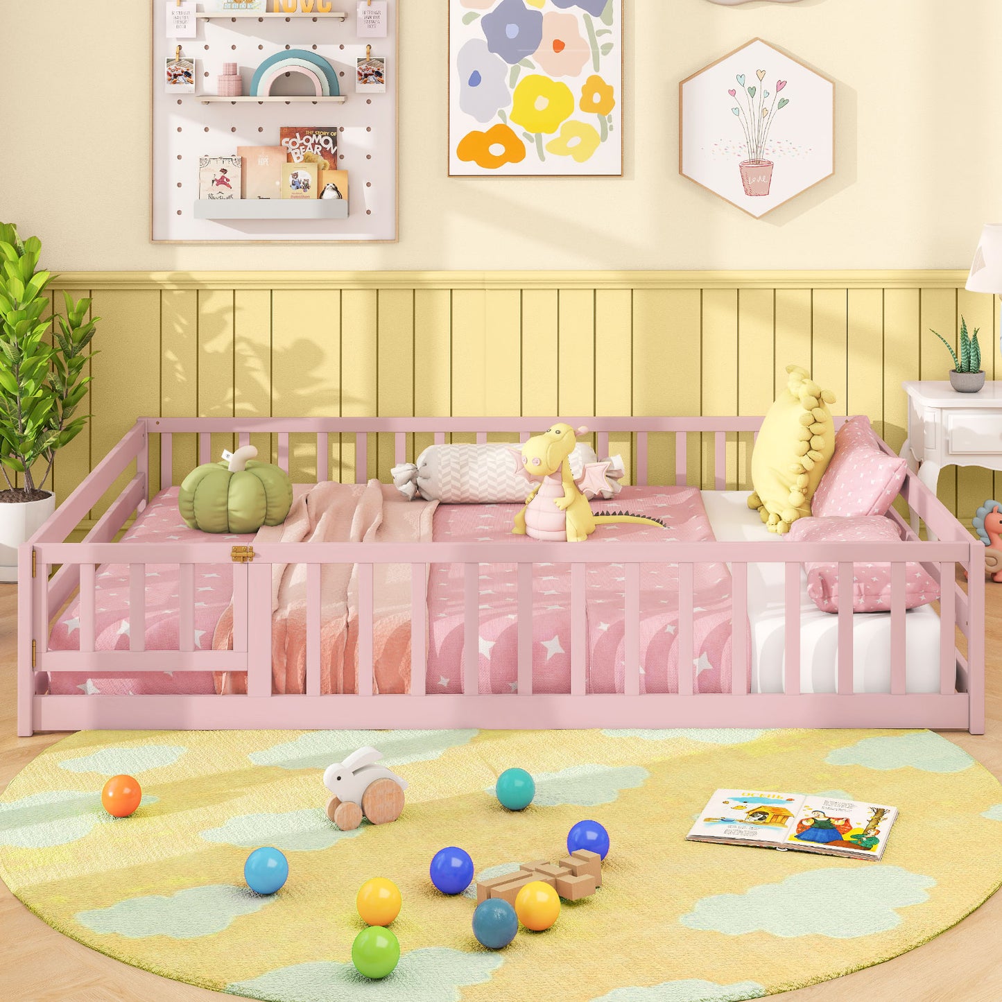 Full Size Floor Bed with Full Length Safety Guardrails-Dark Green