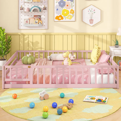 Full Size Floor Bed with Full Length Safety Guardrails-Dark Green