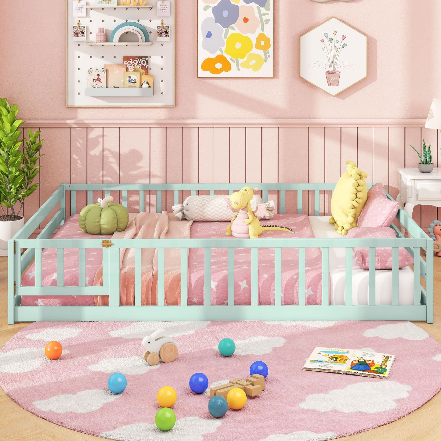 Full Size Floor Bed with Full Length Safety Guardrails-Dark Green