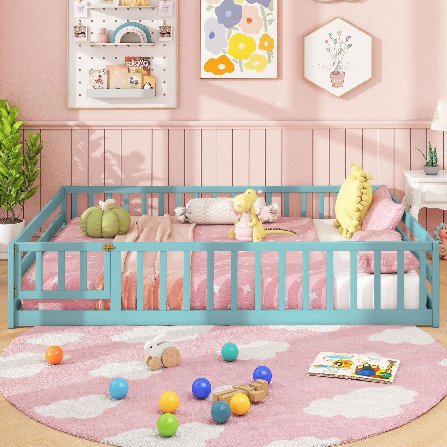 Full Size Floor Bed with Full Length Safety Guardrails-Dark Green