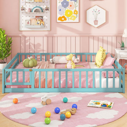 Full Size Floor Bed with Full Length Safety Guardrails-Dark Green