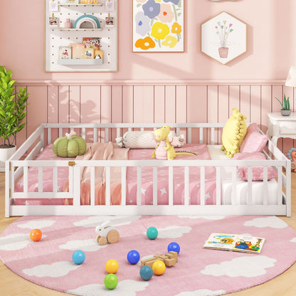 Full Size Floor Bed with Full Length Safety Guardrails-Dark Green