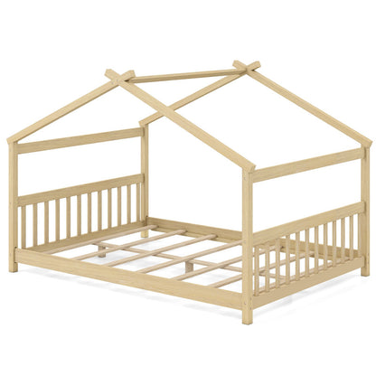 Full Size House Bed Montessori Floor Bed with Headboard-Gray