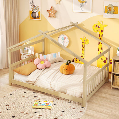 Full Size House Bed Montessori Floor Bed with Headboard-Gray