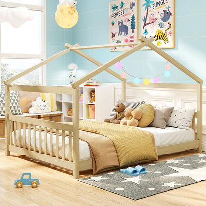 Full Size House Bed Montessori Floor Bed with Headboard-Gray