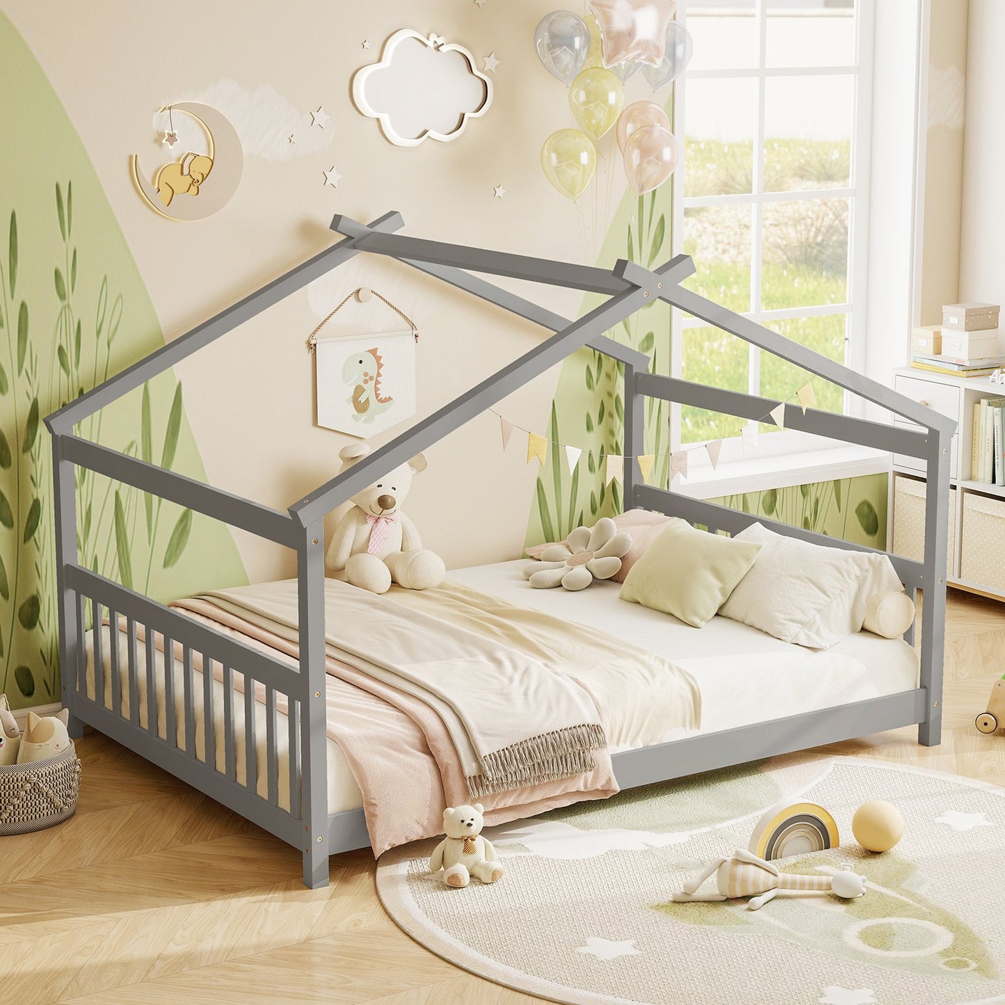 Full Size House Bed Montessori Floor Bed with Headboard-Gray