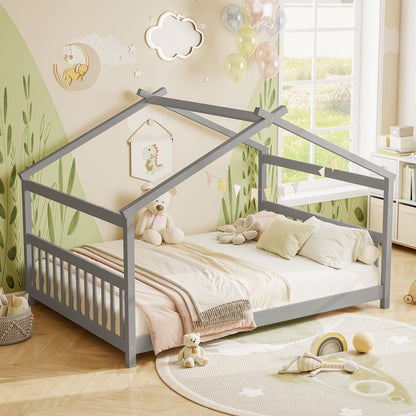 Full Size House Bed Montessori Floor Bed with Headboard-Gray