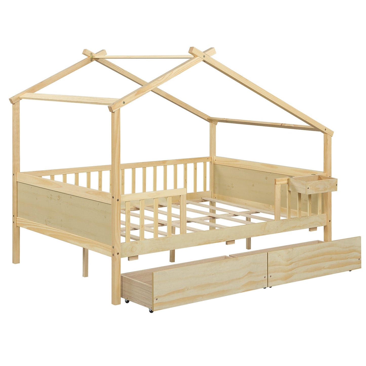 Full Size House Bed with Roof and Fence Rails for Kid-Natural