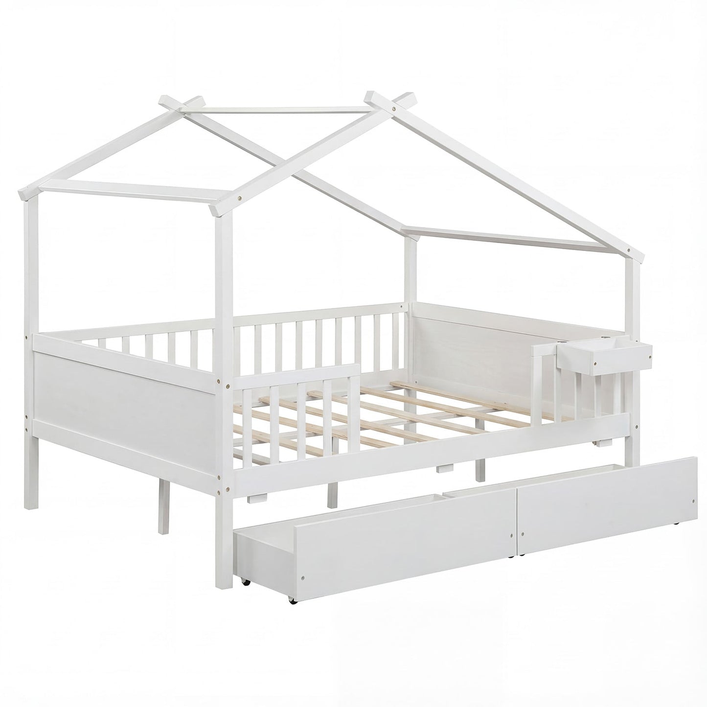 Full Size House Bed with Roof and Fence Rails for Kid-Natural