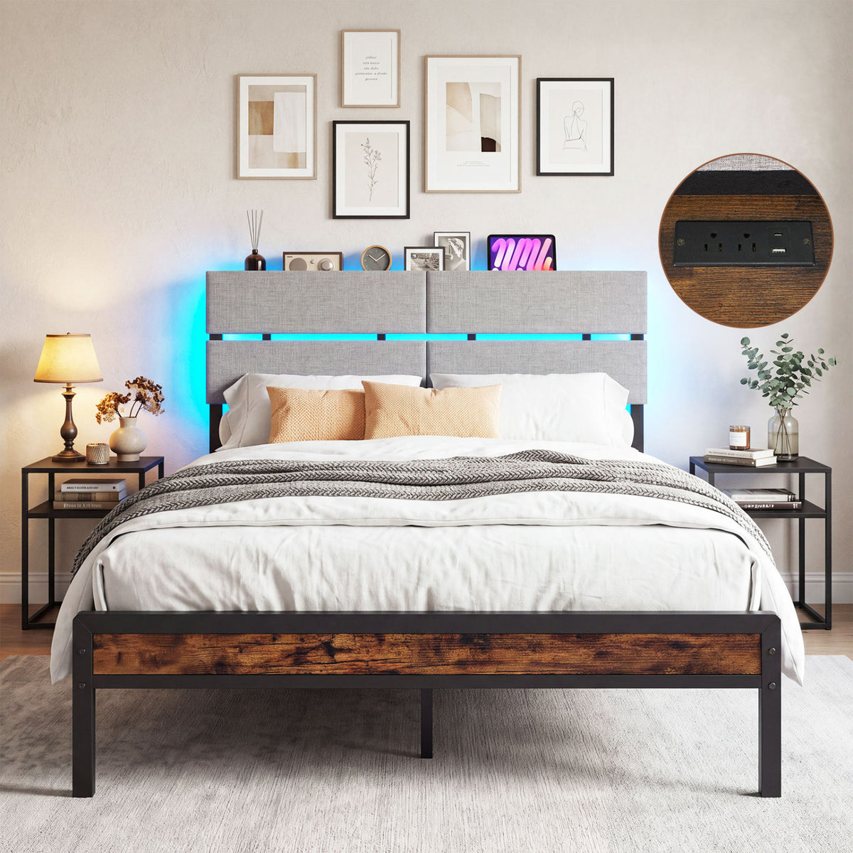 Full Size Metal Bed Frame with LED Lights and Charging Station for Bedroom-Rustic Brown