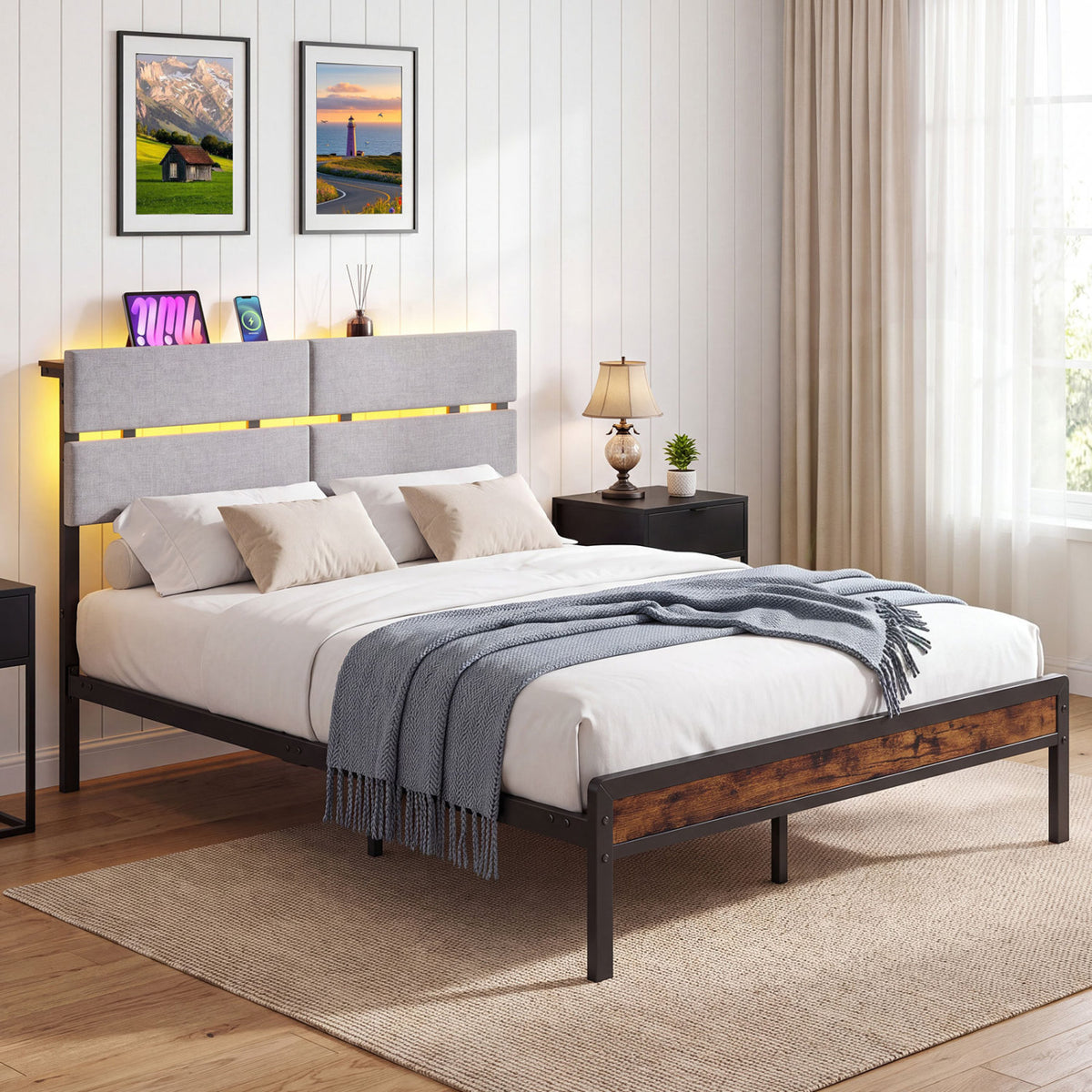 Full Size Metal Bed Frame with LED Lights and Charging Station for Bedroom-Rustic Brown